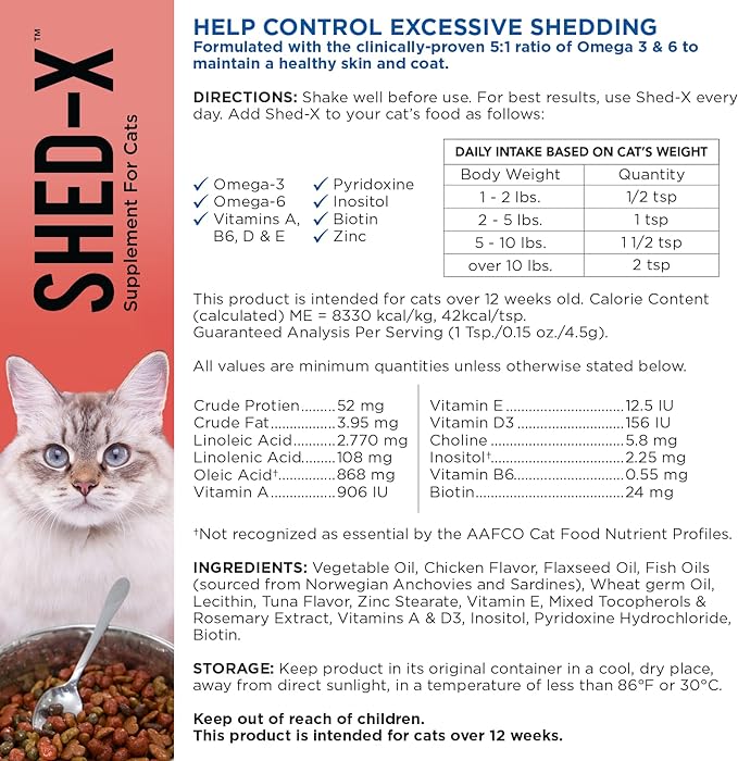 Shed-X Liquid Cat Supplement, 8oz – 100% Natural – Shed Defender, Help Excessive Cat Shedding with Cat Supplements of Essential Fatty Acids, Vitamins, and Minerals