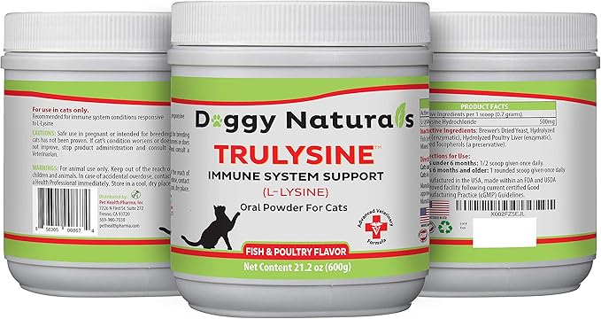 Trulysine L-Lysine for Cats Immune Support Oral Powder 21.2oz/600g - Cats & Kittens of All Age, Sneezing, Runny Nose Squinting, Watery Eyes-Fish & Poultry Flavor (U.S.A)(600 Grams (500mg / Scoop))