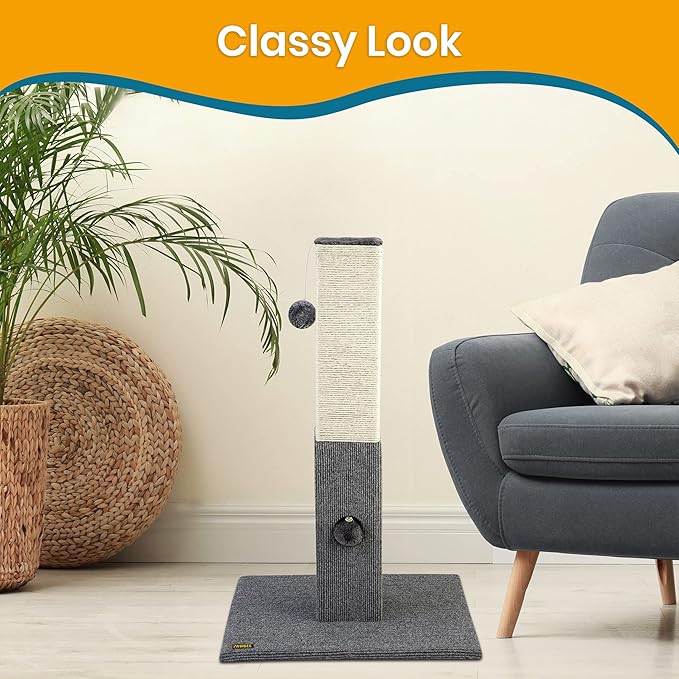 PAWBEE 32" Cat Scratching Post - Tall Cat Scratching Posts for Indoor Cats - Sisal Rope Cat Scratchers - Cat Scratch Post for Small & Large Cats - Cat Post Tower with Jingle Bell Toy - Cat Scratcher