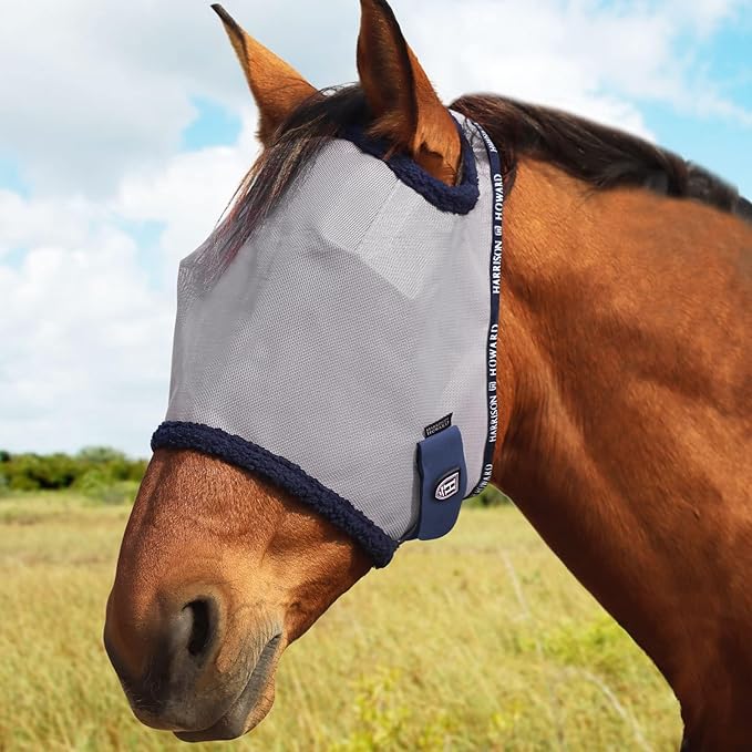 Harrison Howard All Round Mesh Horse Fly Mask UV Protective with Fleece Padded Edging Grey L