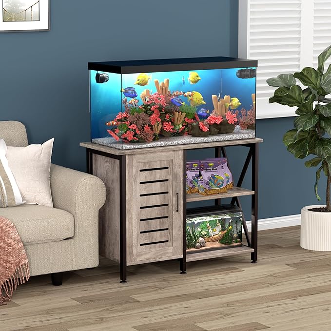 40-50 Gallon Fish Tank Stand, Aquarium Stand with Cabinet Accessories Storage, Heavy Duty Metal Frame, 40.55" L*18.89" W Tabletop, 1000LBS Capacity, Greige PG02YGZ