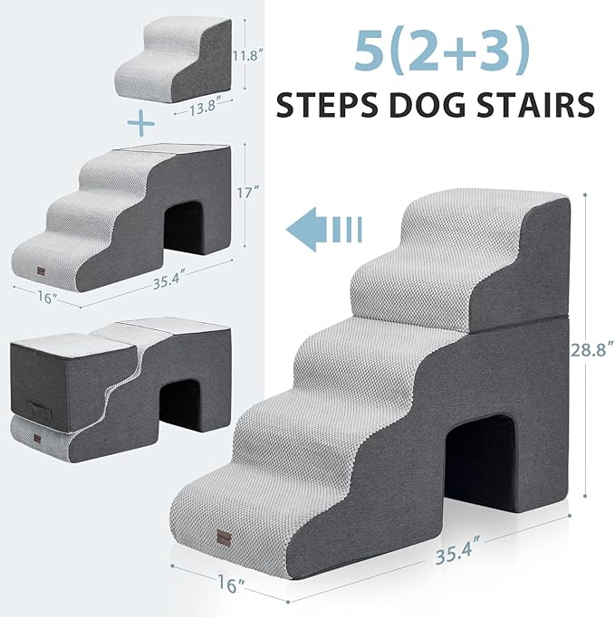 Dog Stairs for High Beds with Tunnel, 5-Step Dog Steps for Small Dogs and Cats, Foldable Pet Stairs for High Bed Climbing, Non-Slip Balanced Pet Step Indoor, Light Grey