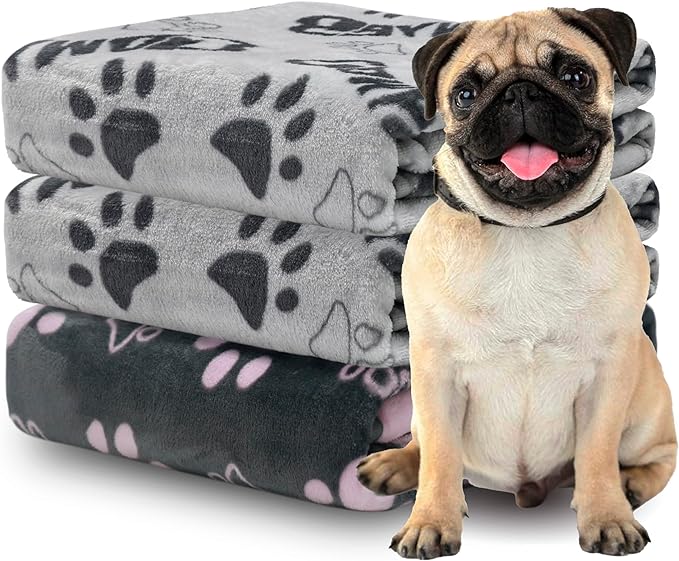 1 Pack 3 Blankets for Dogs, Dog Blankets for Large Dogs, Medium Dog Blanket Super Soft Fluffy Premium Fleece Pet Blanket Flannel Throw for Dog Puppy Cat Bone Paw Prints Blanket, Grey Pink, 41x31inch