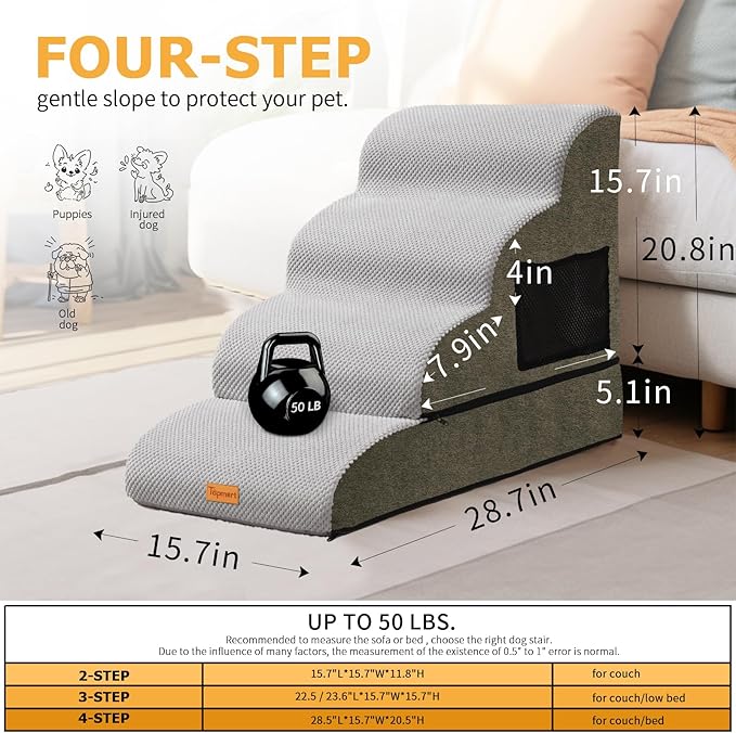 Topmart High Density Foam Dog Steps 4 Tiers,Extra Wide Deep Pet Steps,Non-Slip Pet Stairs,Dog Ramp for Bed,Soft Foam Dog Ladder,Best for Older Dogs Injured,Older Pets,Cats with Joint Pain