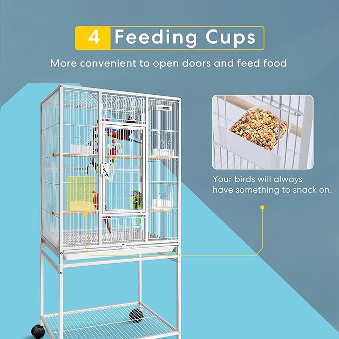 VIVOHOME 54 Inch Wrought Iron Large Bird Flight Cage with Rolling Stand for Parakeets Canaries Cockatiels Lovebirds Conures, White