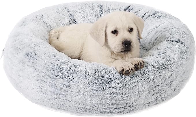 Best Friends by Sheri SnuggleSoft Faux Rabbit Fur Memory Foam Calming Donut Bed for Dogs and Cats, Grey, 23" x 23"