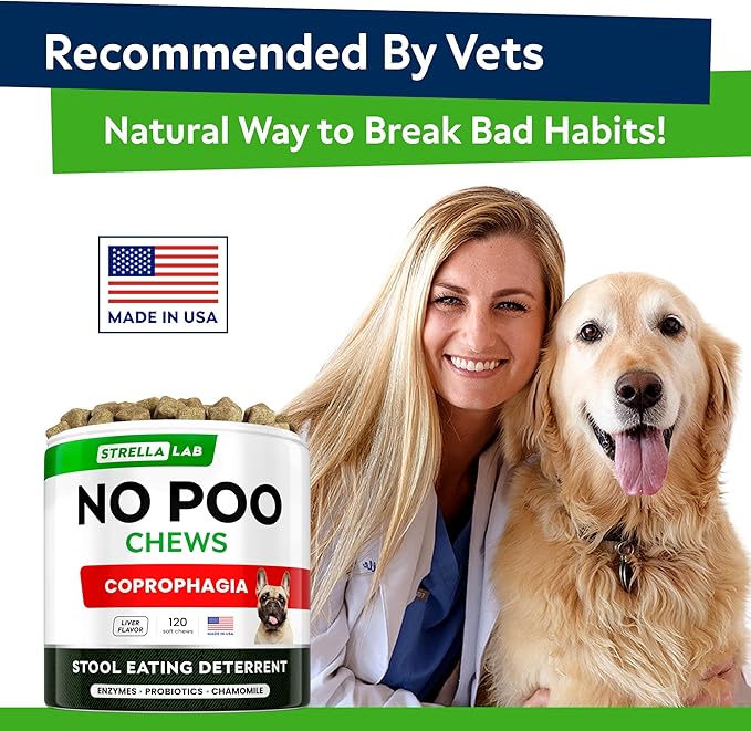 STRELLALAB No Poo Chews for Dogs - Coprophagia Stool Eating Deterrent - No Poop Eating for Dogs - Digestive Enzymes - Gut Health & Immune Support - Stop Eating Poop - Chicken Liver Flavor 120Chews