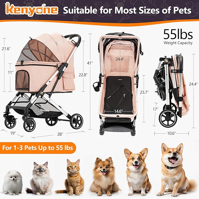 Kenyone Pet Stroller for Small to Medium Dogs Durable Cat Stroller with Lightweight Aluminum Frame, One-Click Folding, No Zip Entry, PU Wheels, Multiple Pockets(Pink)