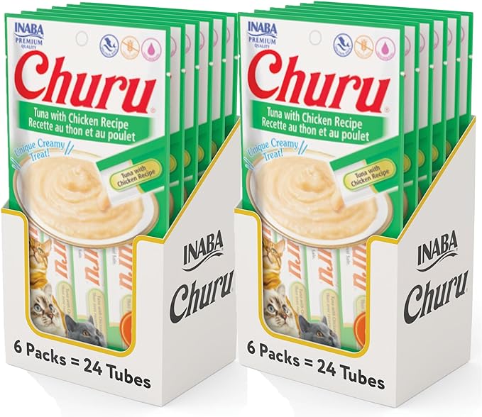 INABA Churu Cat Treats, Grain-Free, Lickable, Squeezable Creamy Purée Cat Treat/Topper with Vitamin E & Taurine, 0.5 Ounces Each Tube, 48 Tubes (4 per Pack), Tuna with Chicken Recipe