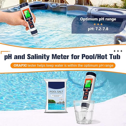 Pool Salt Tester pH Meter ORAPXI Salinity Meter and pH Tester PPM EC Meter with LCD Screen 5 in 1- Salt pH TDS EC Meter for Saltwater Pool, Hot Tubs, Spas, Aquarium, Hydroponics System, Home Brew