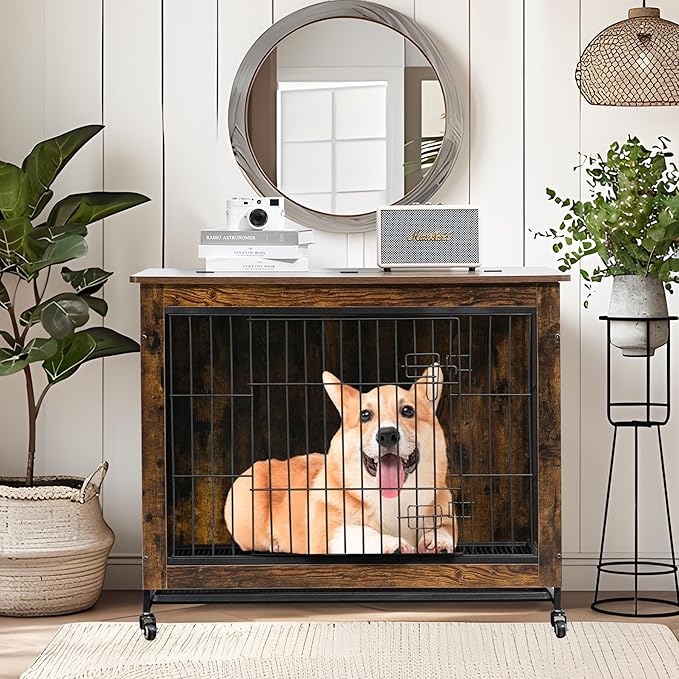 NicBex Dog Crate Furniture, 23.6" L Dog Crates for Small Dogs, Small Dog Crate with Double Doors, Wooden Dog Kennel Indoor for Small Medium Dog up to 25lb, Dog House with Cushion Rustic Brown