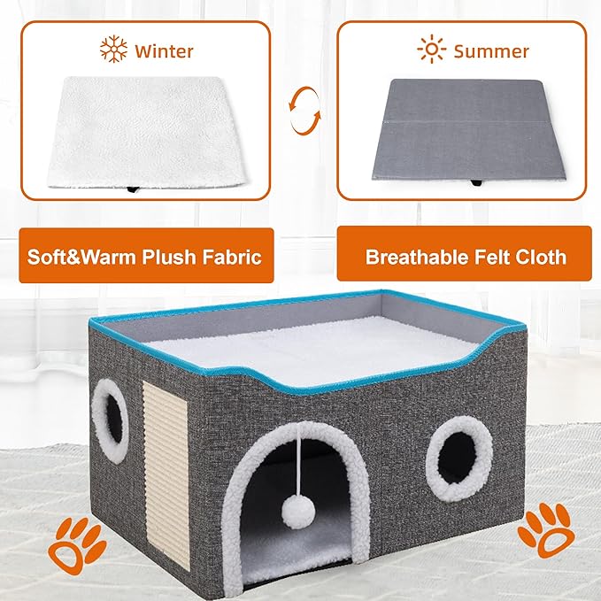 Cat Houses for Indoor Cats - Large Cat Bed Cave for Cat House with Scratch Pad and Fluffy Ball, Foldable Cat Hideaway with Reversible Cushion Cat Condo, Grey