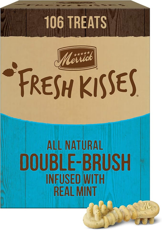 Merrick Fresh Kisses Natural Dental Chews Toothbrush Treat Shape Infused with Real Mint for Tiny Dogs 5-15 Lbs - 106 ct. Box