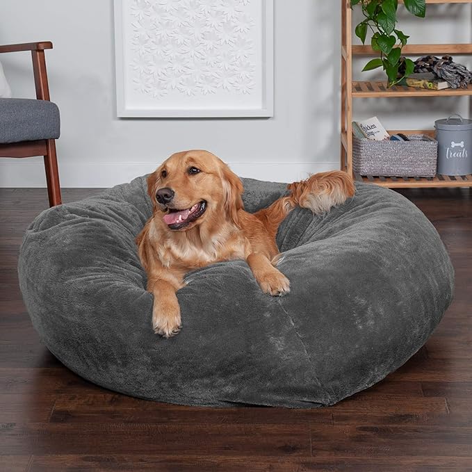 Furhaven Soft & Cozy Dog Bed for Large Dogs, Refillable w/ Removable Washable Cover & Liner, For Dogs Up to 95 lbs - Plush Faux Fur Bean Bag Style Ball Bed - Gray Mist, XL/Jumbo