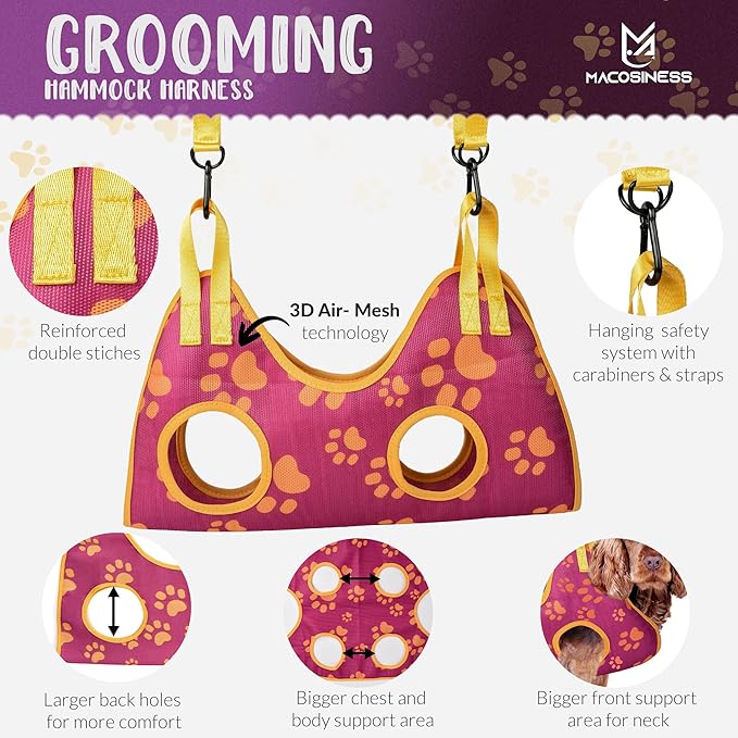 Pet Grooming Hammock for Nail Trimming - Complete Groomers Helper Set for Pet - Dog Grooming Hammock with Hook - Cat Nail Clipper - Dog Hammock for Nail Clipping (L, Purple with gold paws)