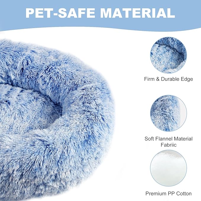 Aurako Cat Bed Dog Bed Round Cushion Pet Bed Mat Ultra Soft Plush Donut Sofa Comfortable Pillow Machine Washable Pet Cuddle Beds for Kitten Small Medium Large Dogs Cats 16" Blue and White