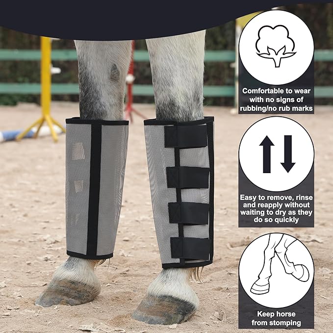 Fly Boots for Horses Set of 4, Loose Fitting & Non-Slip Horse Fly Boots No More Stomping, Breathable Plastic Mesh Horse Fly Leggings Grey Large