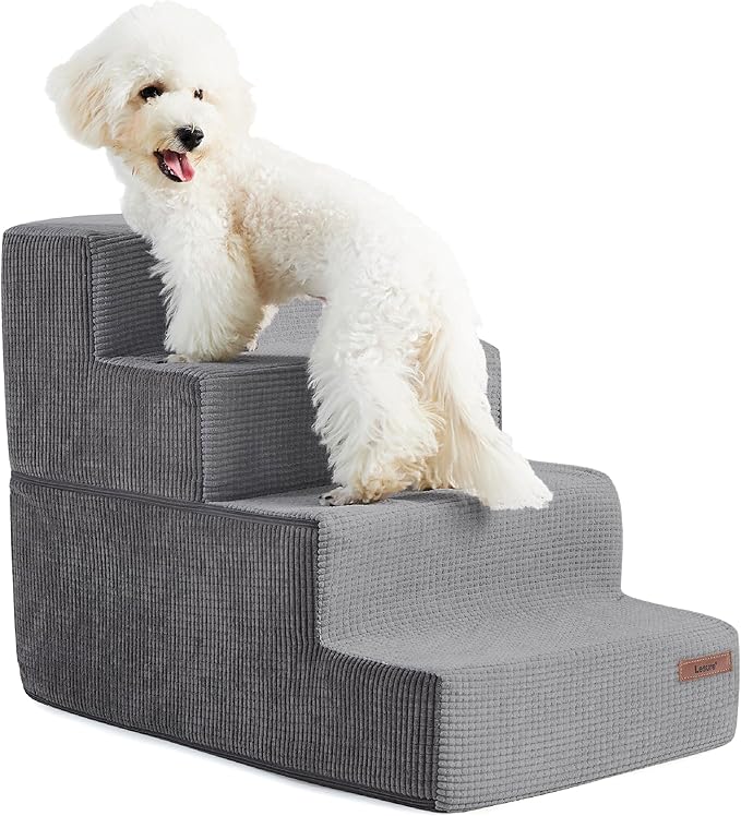 Lesure Dog Stairs for Small Dogs - Pet Stairs for High Beds and Couch, Folding Pet Steps with CertiPUR-US Certified Foam for Cat and Doggy, Non-Slip Bottom Dog Steps, Grey, 4 Steps