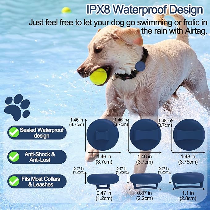 IPX8 Waterproof AirTag Dog Collar Holder, Hidden Air Tag Case for Cat Collar, Anti-Lost Silicone Cover for AirTag GPS Tracker Compatible with Pets Loop, Fits All Width Collars(Navy Blue L)