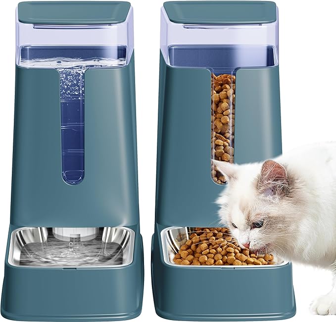 Automatic Cat Feeder and Cat Water Dispenser Set with Stainless Steel Bowls Gravity Dog Feeder for Small Medium Big Dog Pets Puppy Kitten, 1 Gallon x 2 (Cyan)