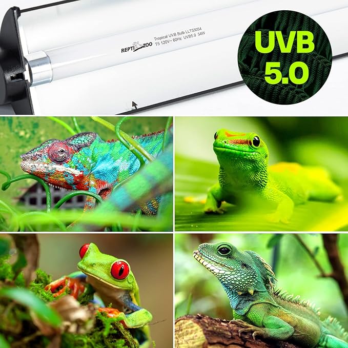 REPTI ZOO Reptile T5 HO UVB Lighting Combo Kit, Light Fixture Reptile Terrarium Hood, with Detachable Curved Reflector and 5.0 UVB T5 Lamp Bulb, ETL certificated (54W)