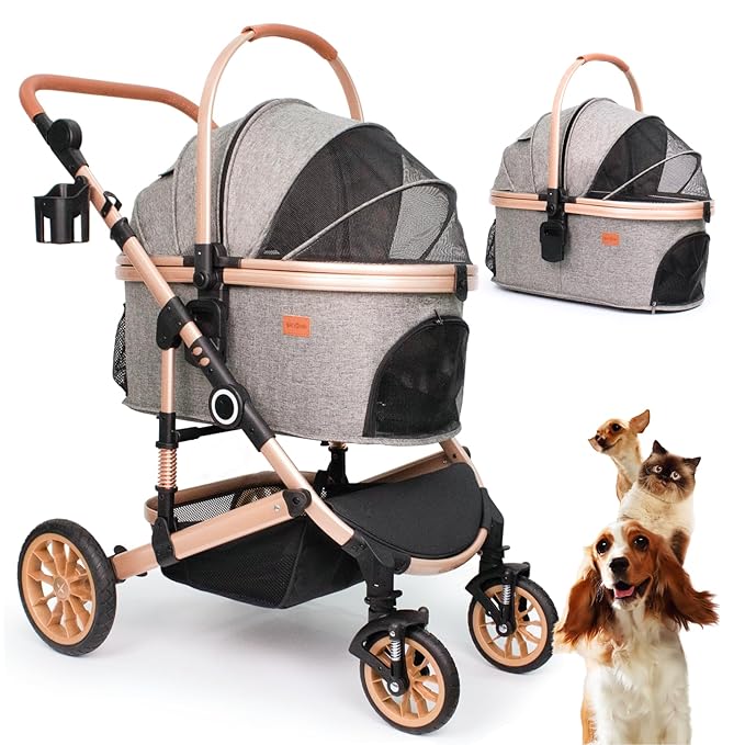 Pet Stroller with 4 Wheels, Foldable Pet Travel Carrier for Small/Medium Dogs Cats up to 50lbs, Detachble Portable Pet Bag, Storage Basket, 3 in 1 Multifunctional