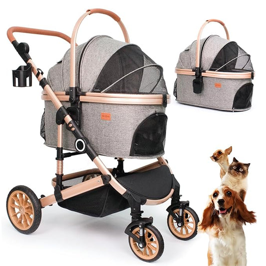 Pet Stroller with 4 Wheels, Foldable Pet Travel Carrier for Small/Medium Dogs Cats up to 50lbs, Detachble Portable Pet Bag, Storage Basket, 3 in 1 Multifunctional