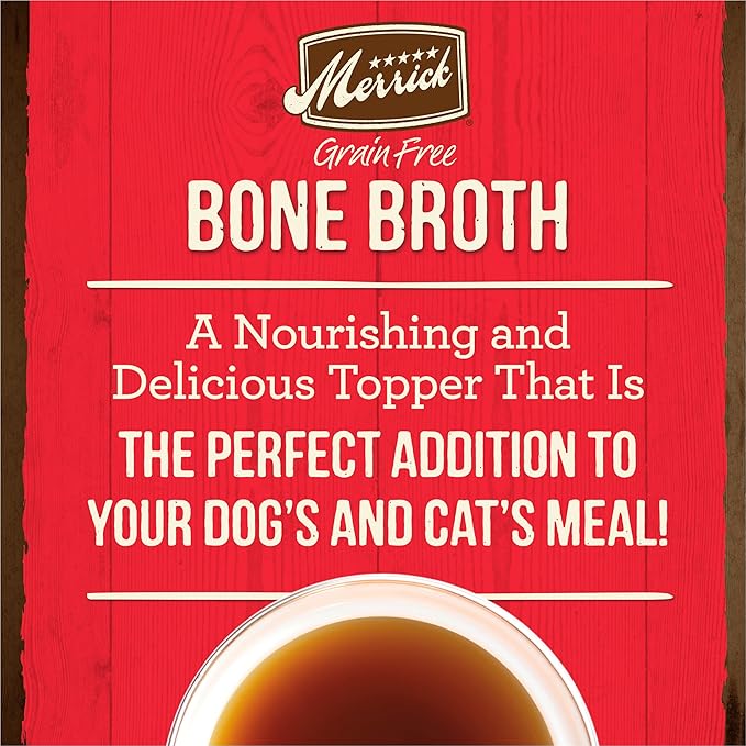 Merrick Grain Free Bone Broth, Premium Human Grade And Gluten Free Dog And Cat Food Topper Pouches, Beef - 16 oz. Pouch (Pack of 3)