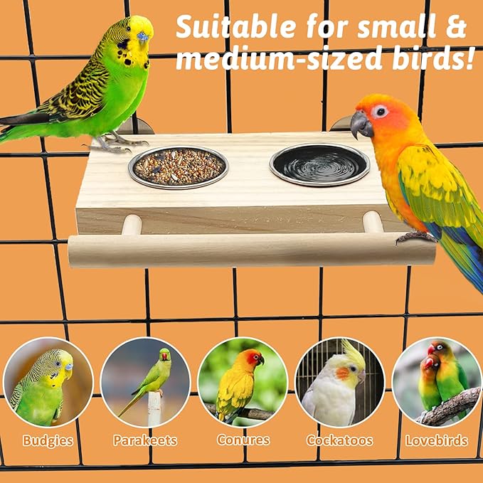 Tfwadmx Bird Food Stainless Steel Cups Wooden Perch Stand Hanging Feeder Bowls Feeding and Watering Supplies for Parakeets Conures Cockatiels Budgie Parrot