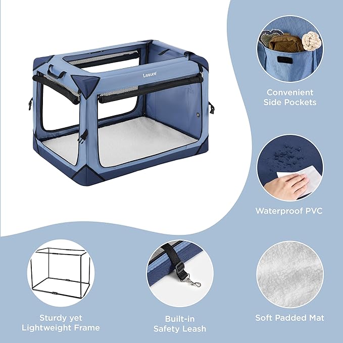 Lesure Collapsible Dog Crate - Portable Dog Travel Crate Kennel for Extra Small Dog, 4-Door Pet Crate with Durable Mesh Windows, Indoor & Outdoor (Blue)