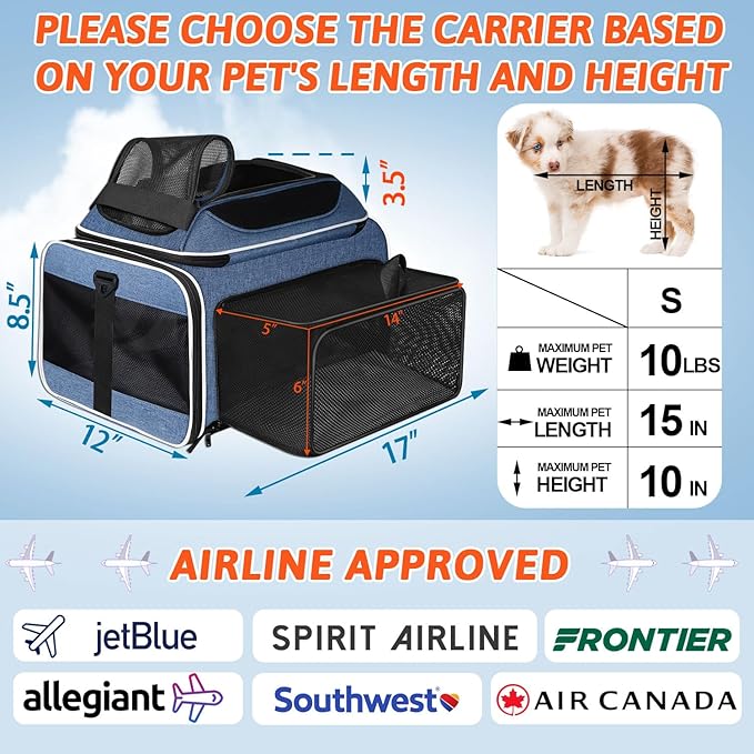 Top and Side Expandable Pet Carrier 17x12x8.5 Inches JetBlue Frontier Spirit Airline Approved, Soft-Sided Carrier for Small Cats and Dogs with Locking Safety Zippers and Anti-Scratch Mesh(Blue)