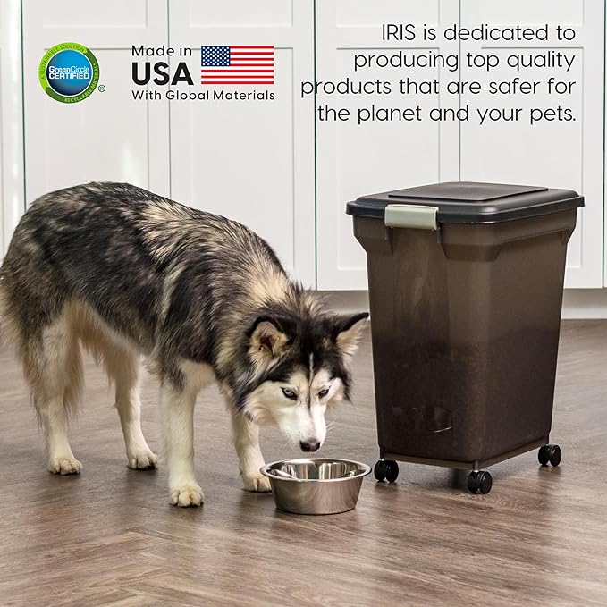 IRIS USA WeatherPro Airtight Dog Food Storage Container, Up to 42 lbs, Attachable Wheels, For Dog Cat Bird and Other Pet Food Storage Bin, Keep Fresh, Easy Mobility, BPA Free, Smoke/Black