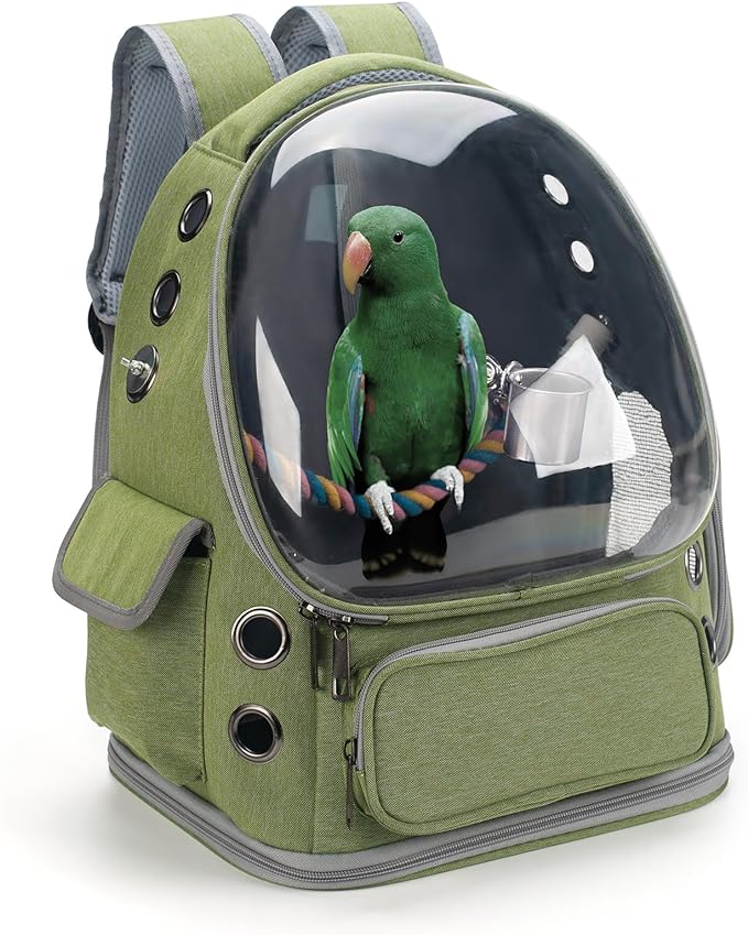 Bird Backpack Carrier Travel Cage with Perch, Tray and Breathable Clear Window, Bird Travel Cage for Cockatiel Caique Conure Quaker, for Vetting Camping Hiking (Green)