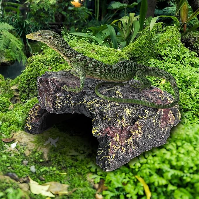 Reptile Rock Hide Cave, Aquarium Habitat Decor Rock Tortoise Hideout for Lizards, Turtles, Bearded Dragon, Reptiles, Amphibians, Fish