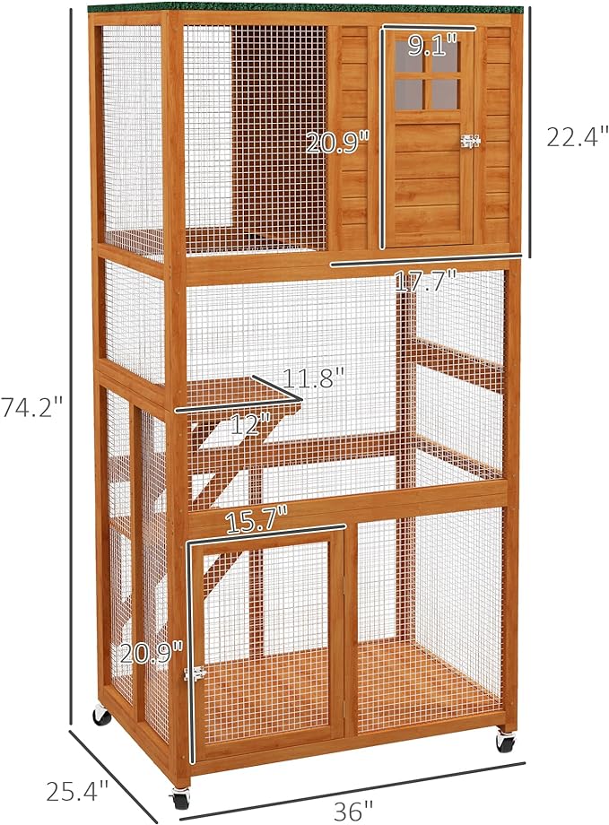 74 Inch Wooden Catio Outdoor Cat Enclosure on Wheels, Luxury Kitty-House with Resting House, 2 Jumping Platforms & Weatherproof Asphalt Roof, Kitty Condo Cage Shelter Playpen