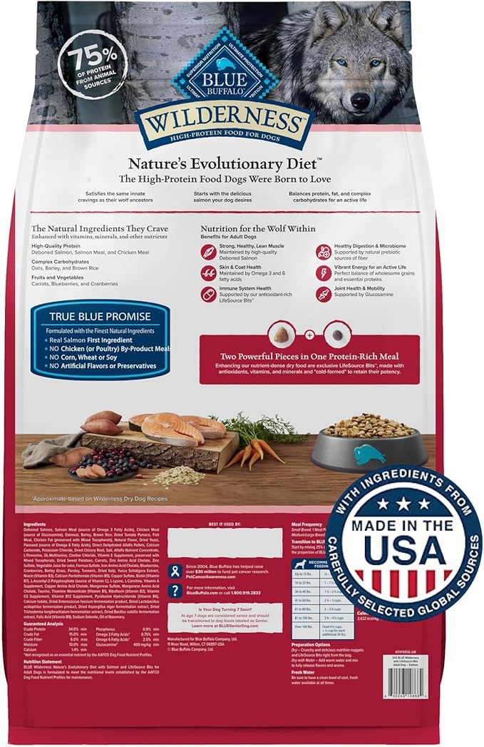 Blue Buffalo Wilderness Adult High-Protein Dry Dog Food, Made in the USA with Natural Ingredients, Salmon with Wholesome Grains, 24-lb. Bag