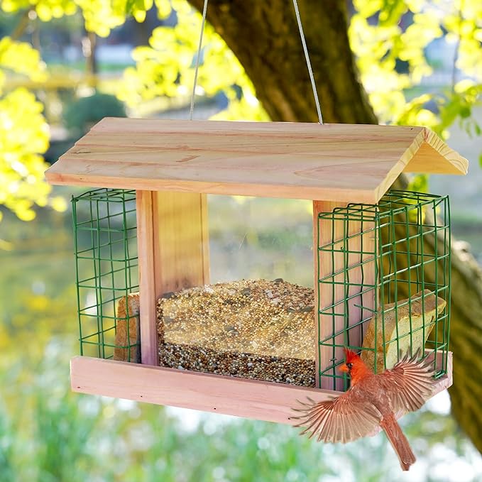 Wooden Bird Feeders for Outdoor Hanging, Large Capacity Handmade Wildbird Feeder for Outside Yard Patio Hanging with Double Suet Holder Cages, Waterproof and Durable, Pink