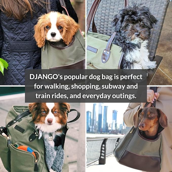 DJANGO Dog Carrier Bag - Waxed Canvas and Leather Soft-Sided Pet Travel Tote with Bag-to-Harness Safety Tether & Secure Zipper Pockets (Medium, Olive Green)