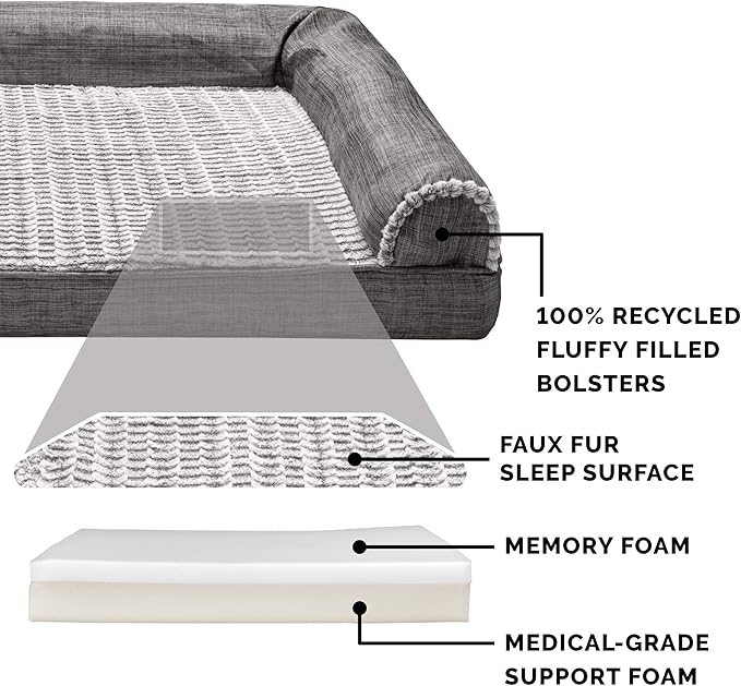 Furhaven Memory Foam Dog Bed for Medium/Small Dogs w/ Removable Bolsters & Washable Cover, For Dogs Up to 35 lbs - Luxe Faux Fur & Performance Linen Sofa - Charcoal, Medium