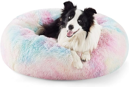 Bedsure Calming Dog Bed for Large Dogs - Donut Washable Large Pet Bed, Anti-Slip Round Fluffy Plush Faux Fur Dog Bed, Fits up to 100 lbs Pets, Multi-colored, 36 inches