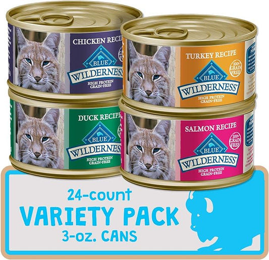 Blue Buffalo Wilderness High Protein Grain Free, Natural Adult Pate Wet Cat Food Variety Pack, Chicken, Salmon, Duck, and Turkey, 3-oz Can, 24 Count