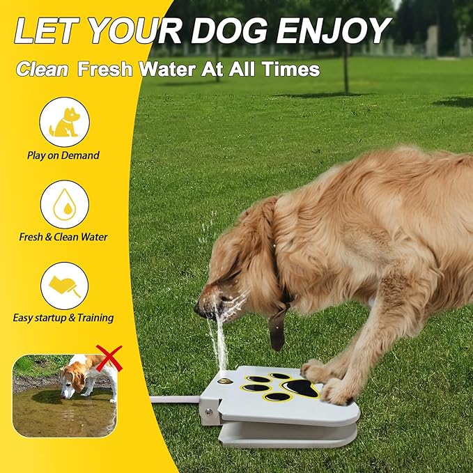 Outdoor Dog Water Fountain Step On - Upgrade Large Dog Sprinkler Drinking Water Dispenser Dog Paw Waterer Activated with Stainless Steel Braided Hose