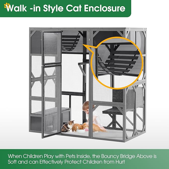 68 Inch Wooden Catio Outdoor Cat Enclosure w/Napping Houses, Luxury Kitty-House with Jumping Platforms & Weatherproof Asphalt Roof, Walk-in Kitty Kennel Condo Shelter