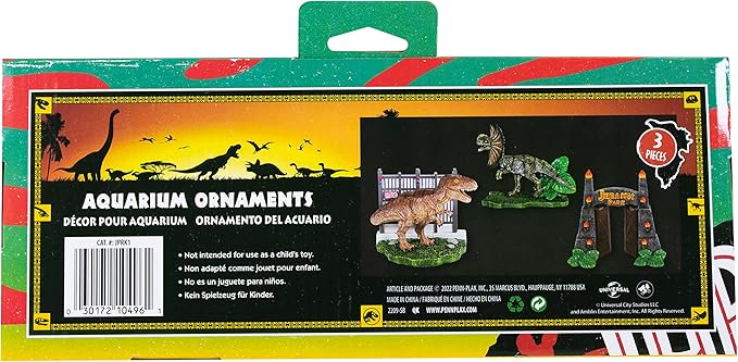 Penn-Plax Jurassic Park Officially Licensed 3-Piece Aquarium Ornament Bundle – includes T-Rex Park Gate, and Dilophosaurus Decorations – Small