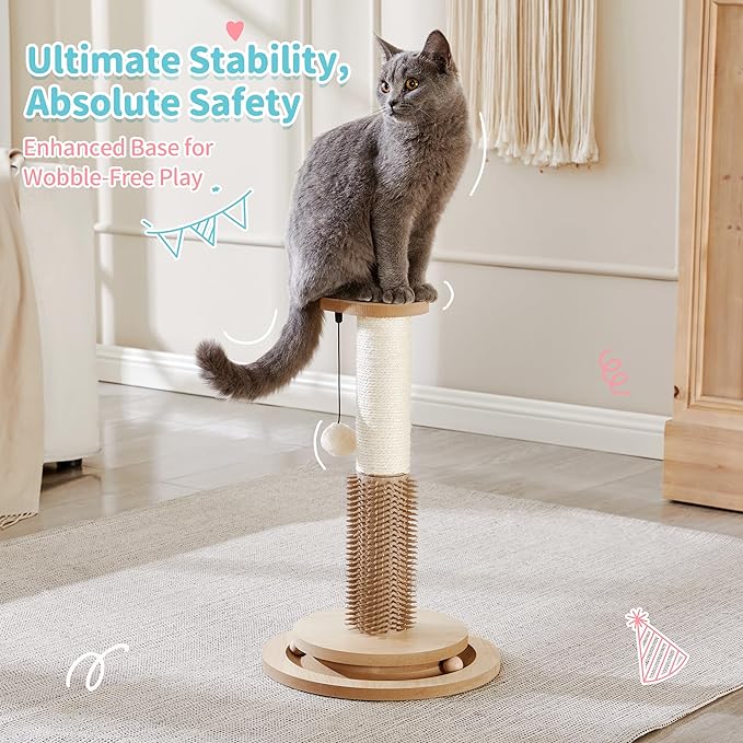 Made4Pets Cat Scratching Post 18" Tall for Small Kittens, 4-in-1 Cat Scratcher with Natural Sisal Ropes, Wooden Turntable Track Toy with Self Grooming Brush, Premium Scratch Pole with Plush Balls