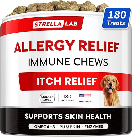 StrellaLab Dog Allergy Relief & Anti Itch Support Chews w/Omega 3: Real Ingredients, Real Taste! Skin & Coat Immune Supplement w/Fish Oil, Pumpkin & Enzymes — Developed by Experts - Made in USA -180Ct