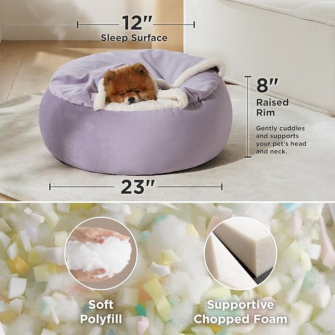 Lesure Small Dog Bed with Cover Cave - Covered Round Puppy Bed with Hooded Blanket, Machine Washable Burrow Pet Bed for Small Dogs and Cats, Cuddler Cozy Cave Dog Bed with Anti-Slip Bottom, Purple 23"