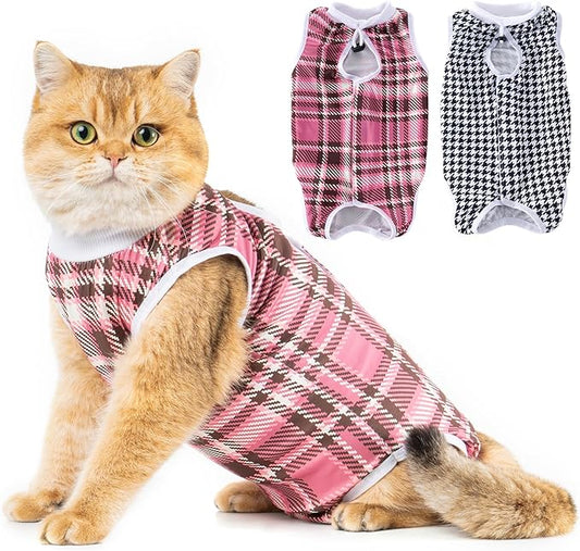 Avont 2 Pack Cat Recovery Suit - Kitten Onesie for Cats After Surgery, Surgical Spay Recovery Suit Female for Abdominal Wounds or Skin Diseases Protection -Black/Pink Plaid(M)