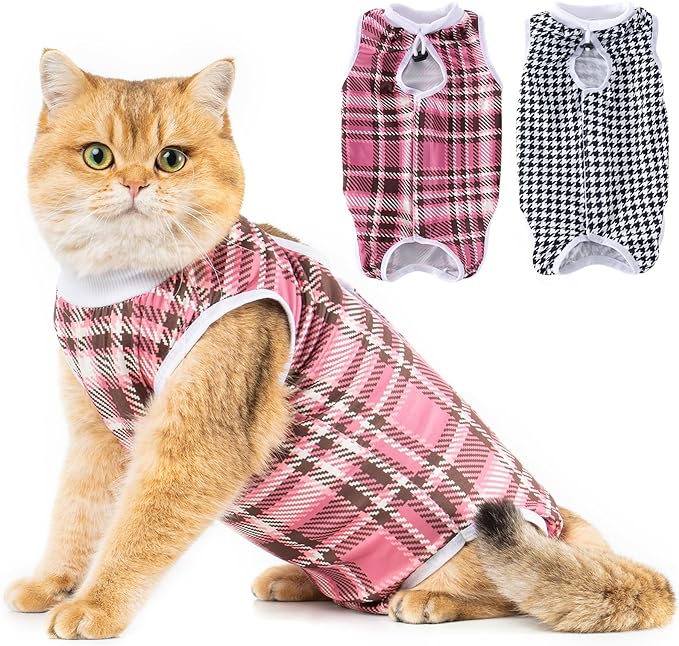 Avont 2 Pack Cat Recovery Suit - Kitten Onesie for Cats After Surgery, Surgical Spay Recovery Suit Female for Abdominal Wounds or Skin Diseases Protection -Black/Pink Plaid(S)