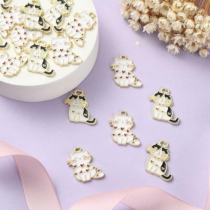 KitBeads 20pcs Enamel Cat Charms Kawaii Animal Heart Plated Kitten Charms Cartoon Pet Blak White Fat Cat Charms for Jewelry Making Bulk